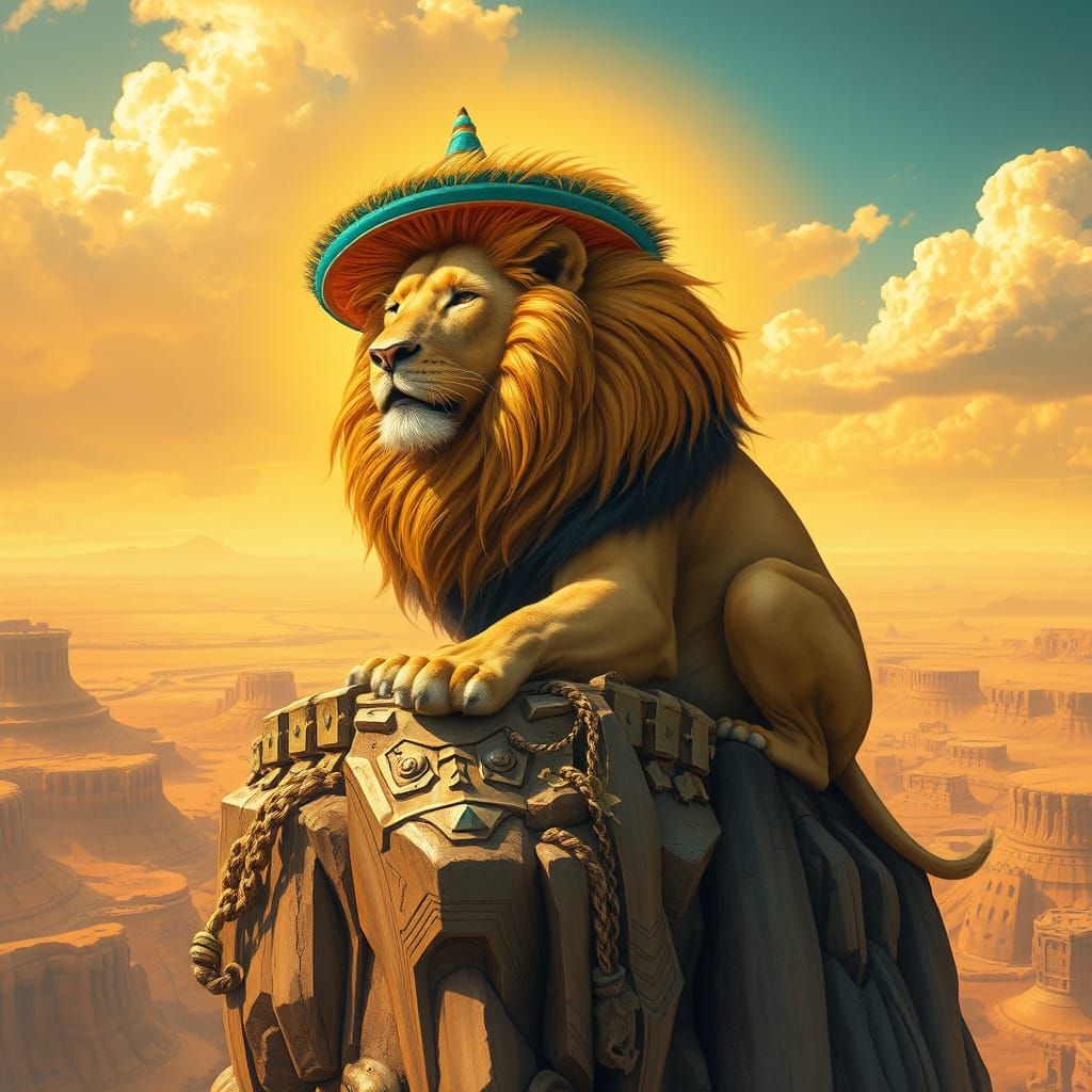 Lion in Sombrero Overlooking Golden Landscape