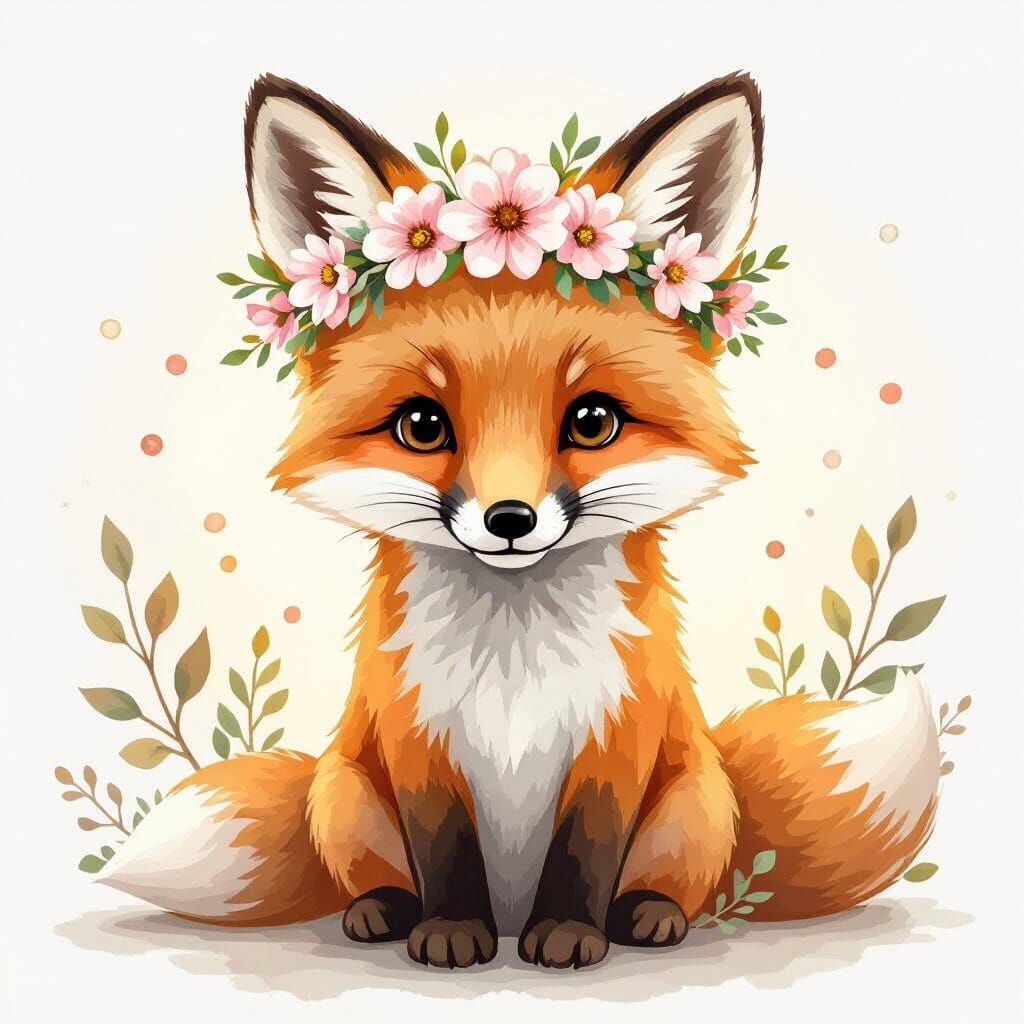 Whimsical Watercolor Baby Fox with Flower Crown