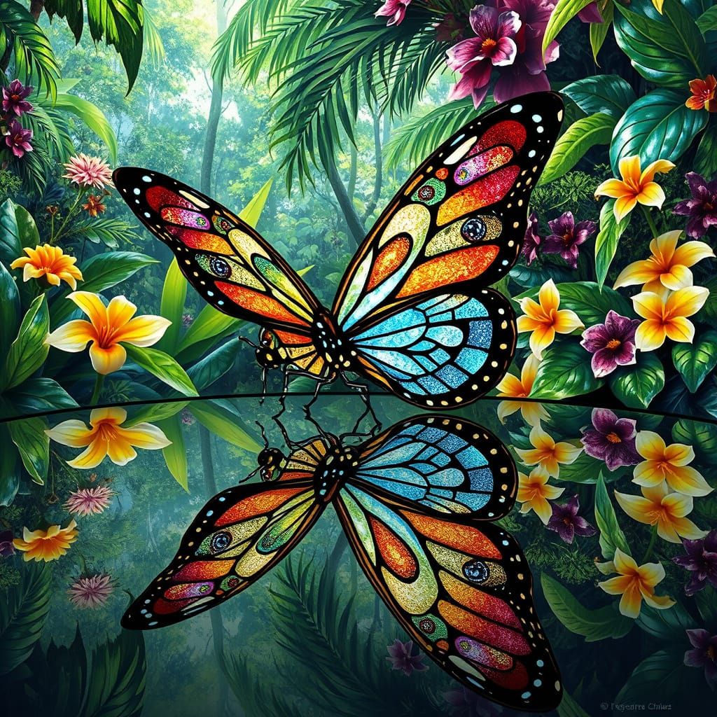 Kaleidoscopic Stained Glass Butterfly in Art Nouveau Style