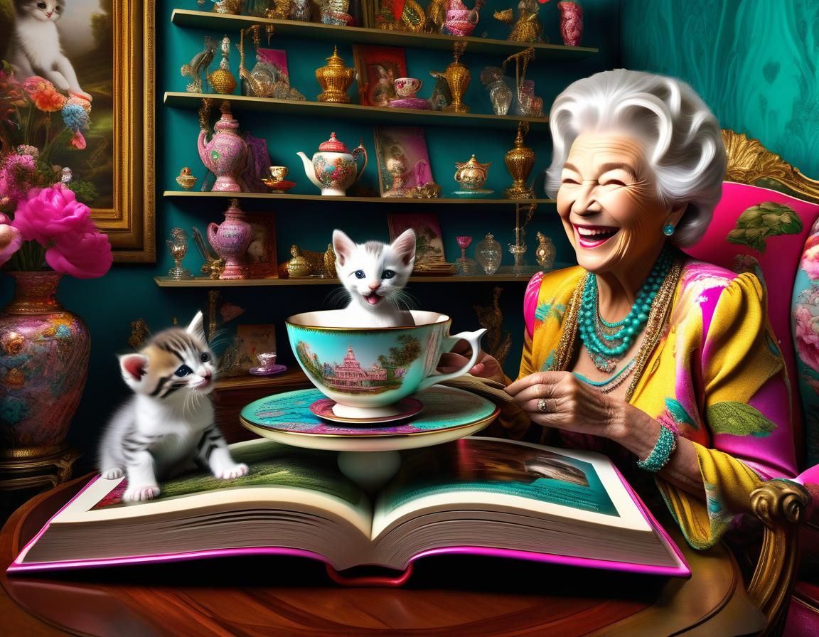 Old Lady with a Kitten in a Teacup in a Maximalist Loving Room π¬