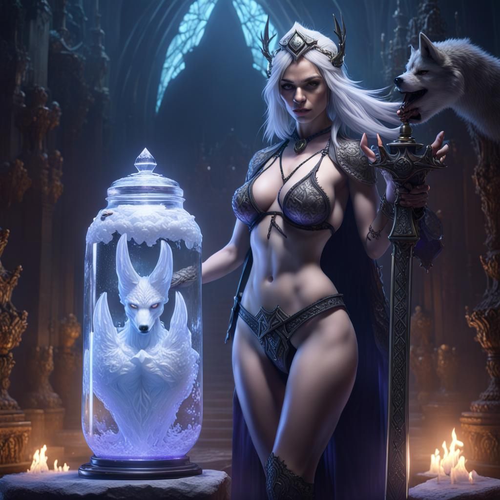 Ice Queen and Wolf in Dark Fantasy Style