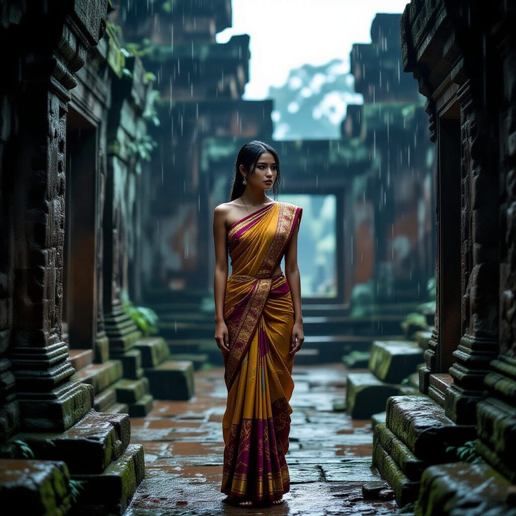 Filipina Woman in Ancient Ruins, Cinematic Film Noir Portrai...