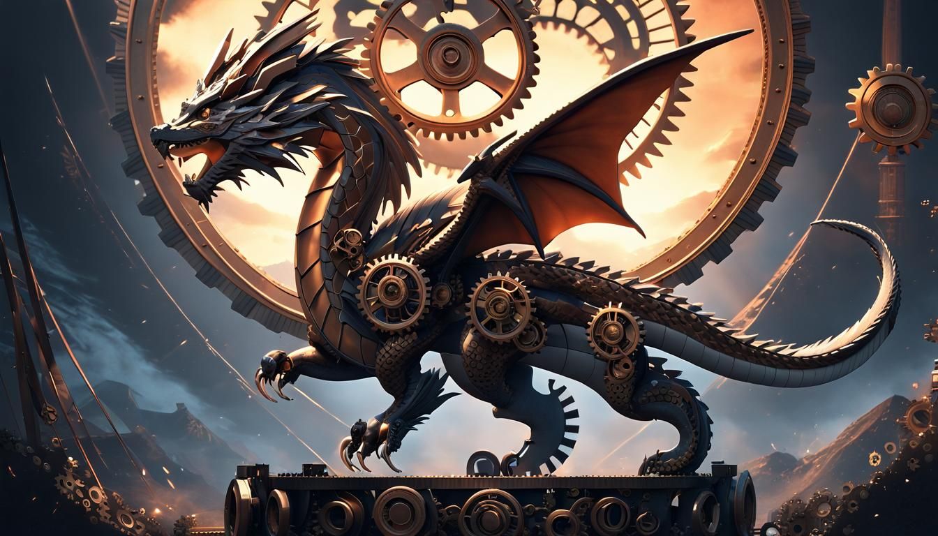 Gears and Cogs Dragon in Sci-Fi Style