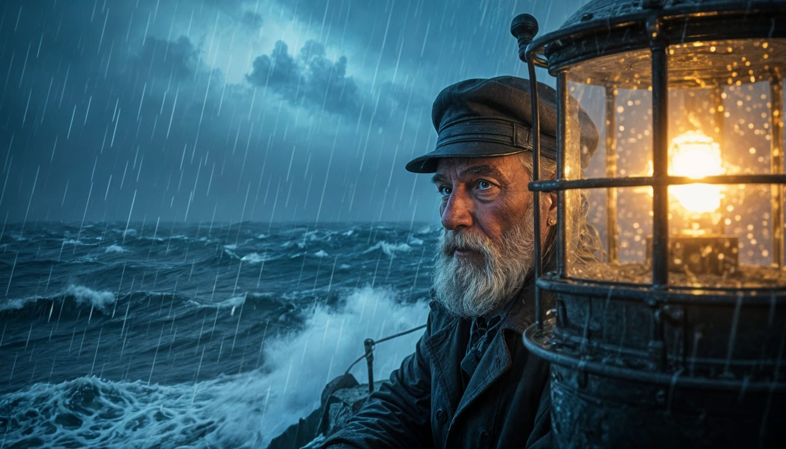 Grizzled Lighthouse Keeper at Night in Realistic Style