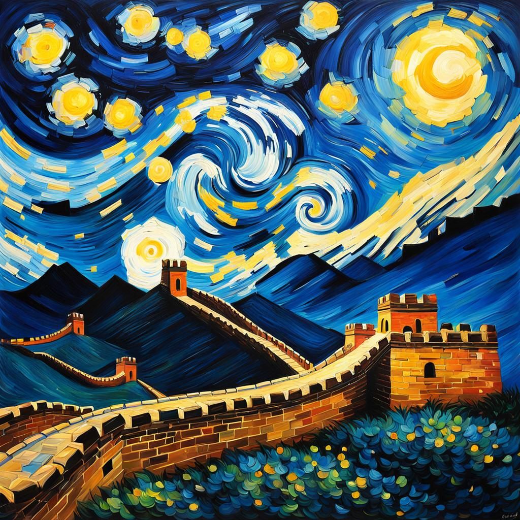 Great Wall Under Starry Night Sky in Oil