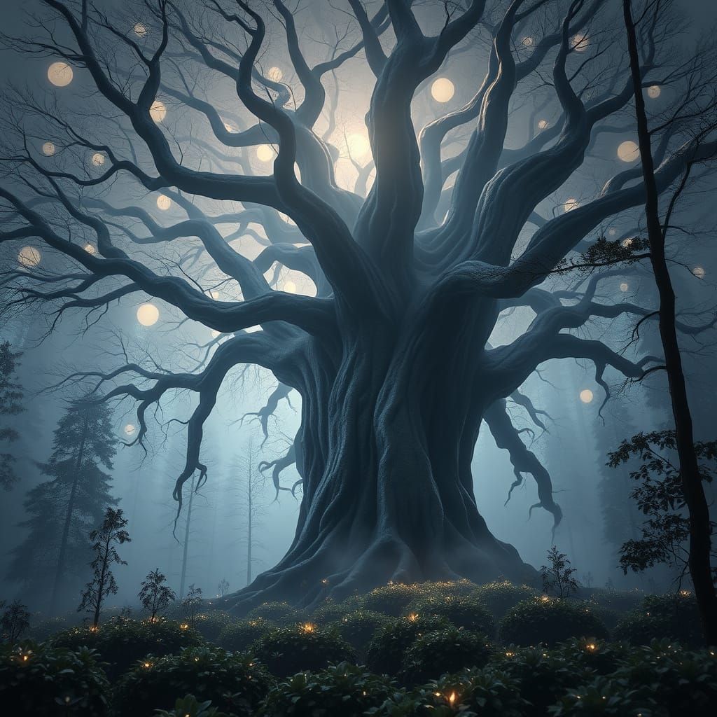 Ancient Tree in Ethereal Forest, Dark Fantasy Concept Art