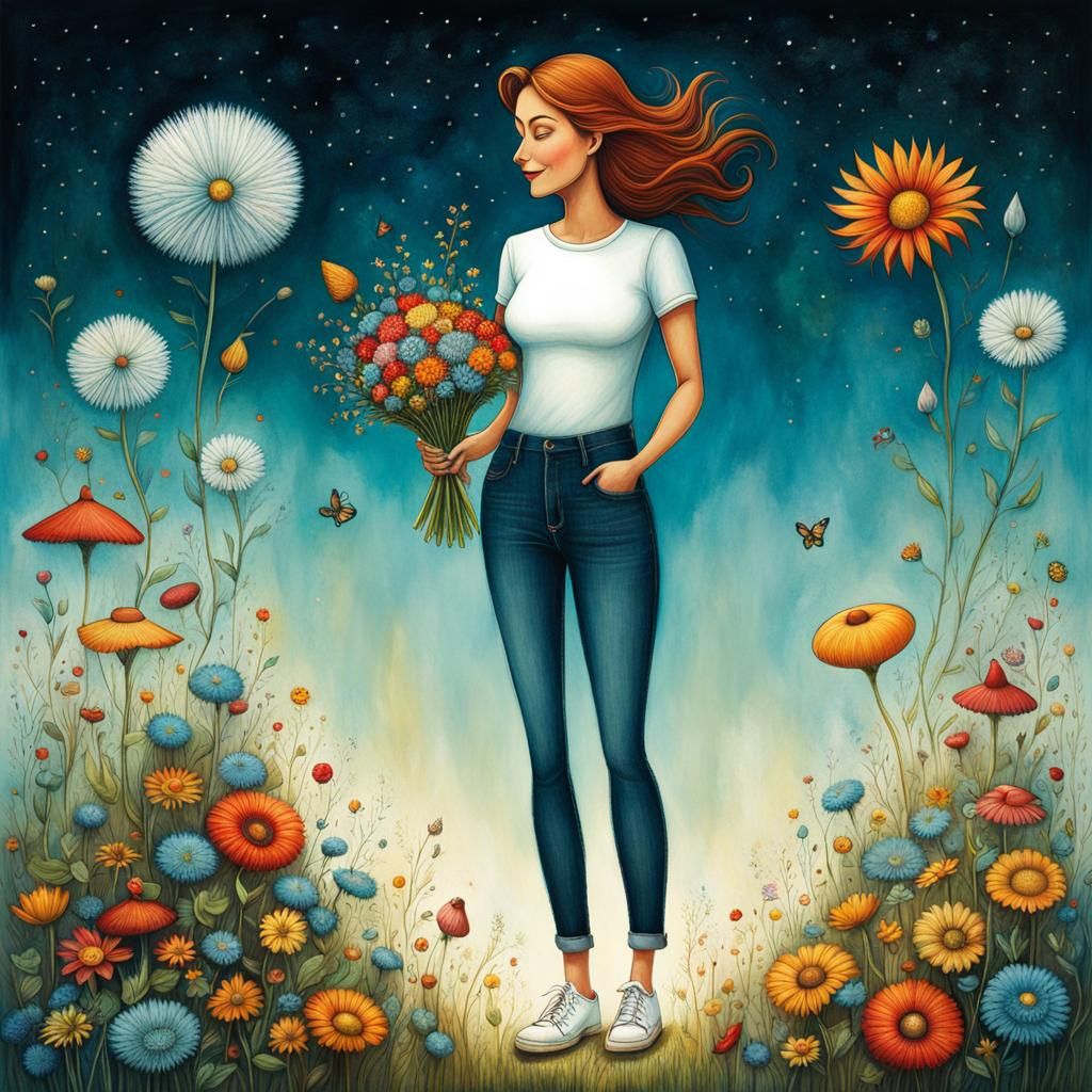 Smiling Woman with Flowers: Surrealist Digital Art