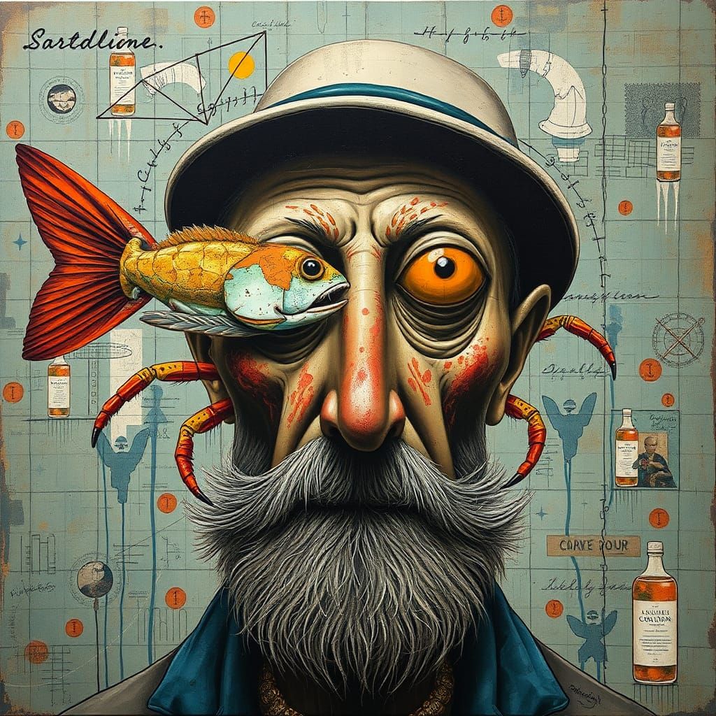 Fisherman Portrait in Mixed Media Collage Style