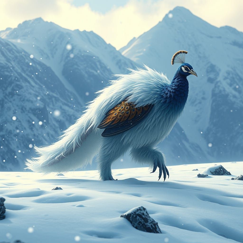 Majestic Abominable Snowman-Peacock Strolls Through Snowy Mo...