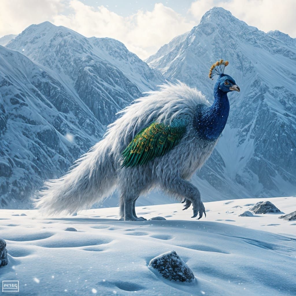 Majestic Snowman-Peacock Hybrid Strides Through Serene Winte...