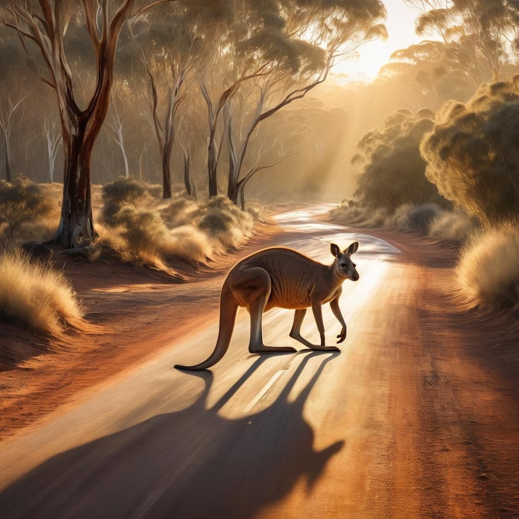 Kangaroo Crossing Road in Australian Outback Painting