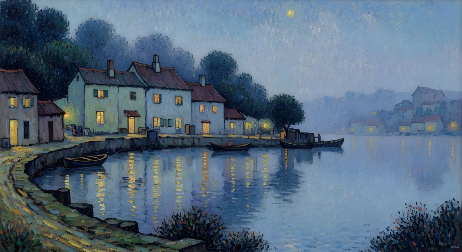 Neo-Impressionist Lakeside Village at Night