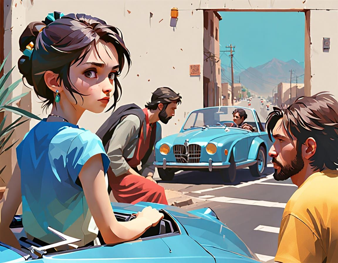 Person Exiting Car in Low Poly Digital Art