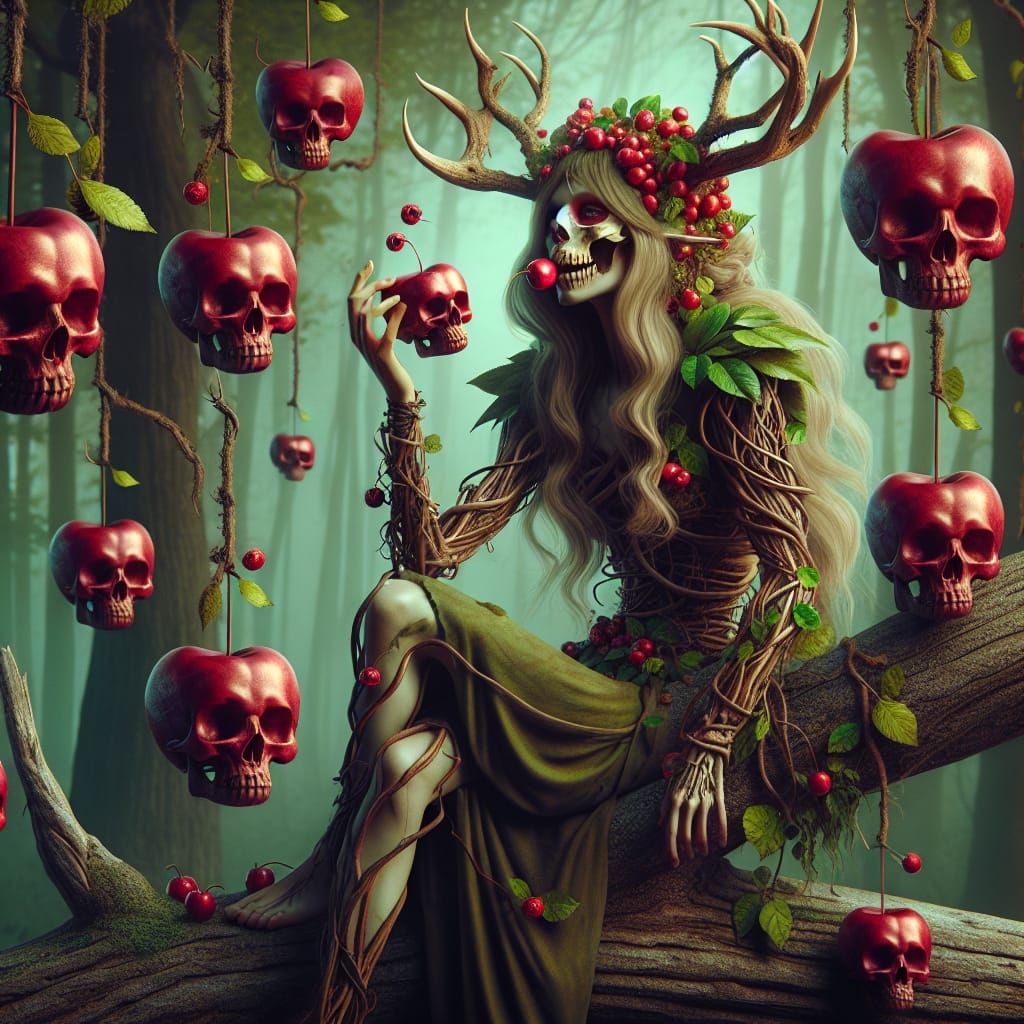 Surreal Forest Dryad with Skull Cherries