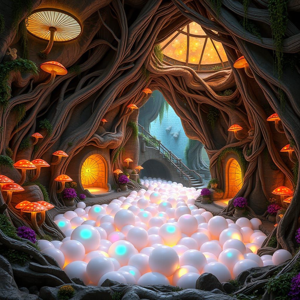 Enchanted Subterranean Lair with Glowing Mushrooms and Iride...