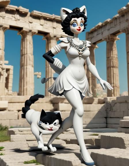 Felix the cat walking with Betty boop in ancient Greece back...