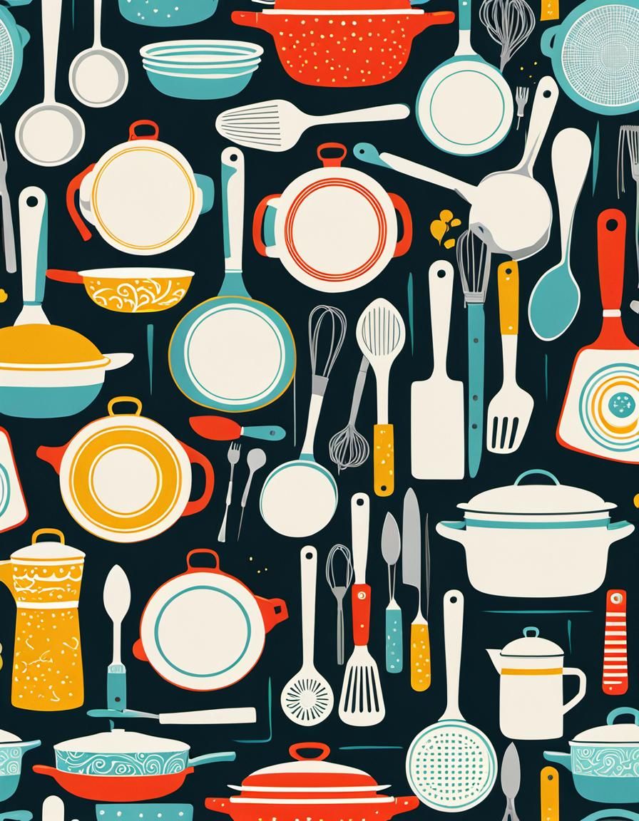 1960s Cooking Utensil Pattern in Terence Conran Style