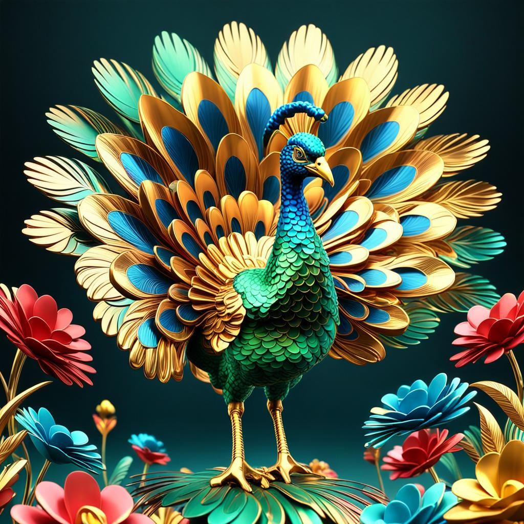 Metallic Peacock in Floral Display, 3D Animation
