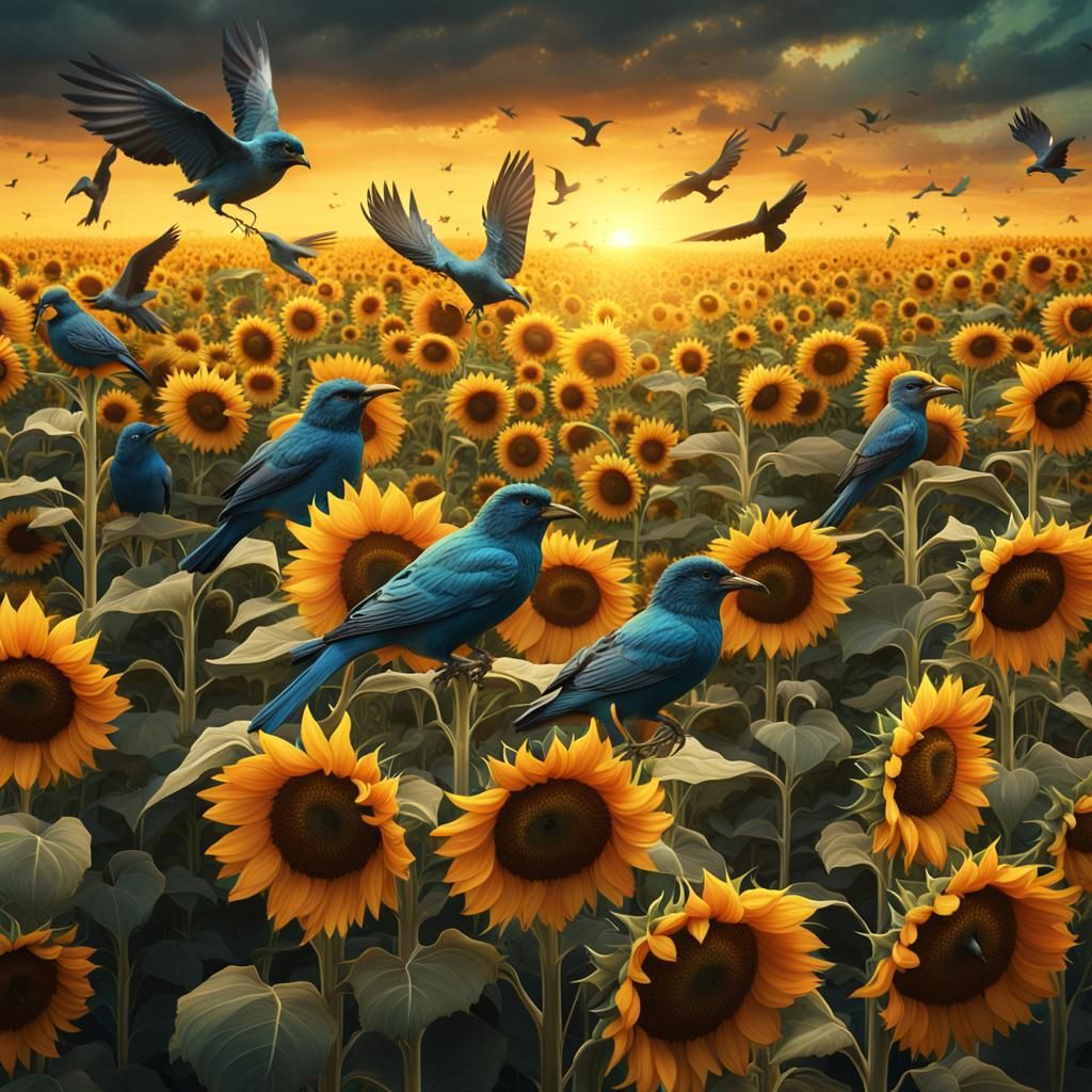 Birds in Sunflower Field: Detailed Matte Painting