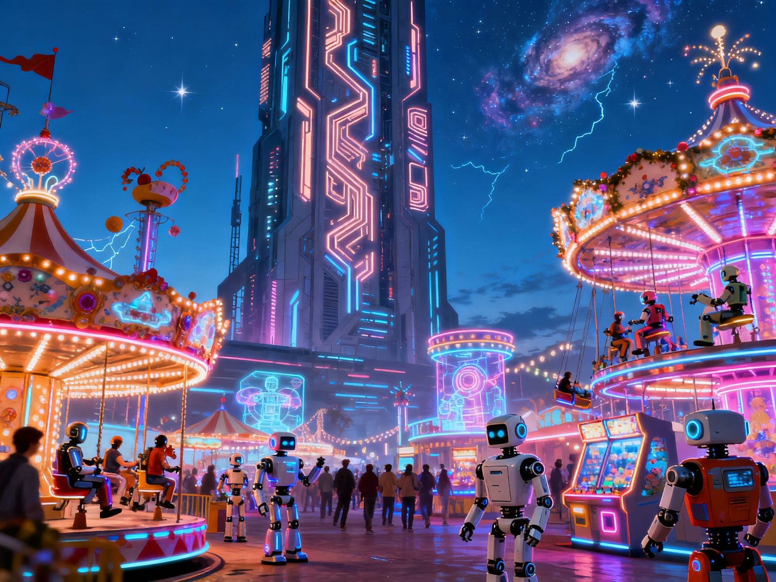 Futuristic Carnival 3099 With Robots And Neon Lights