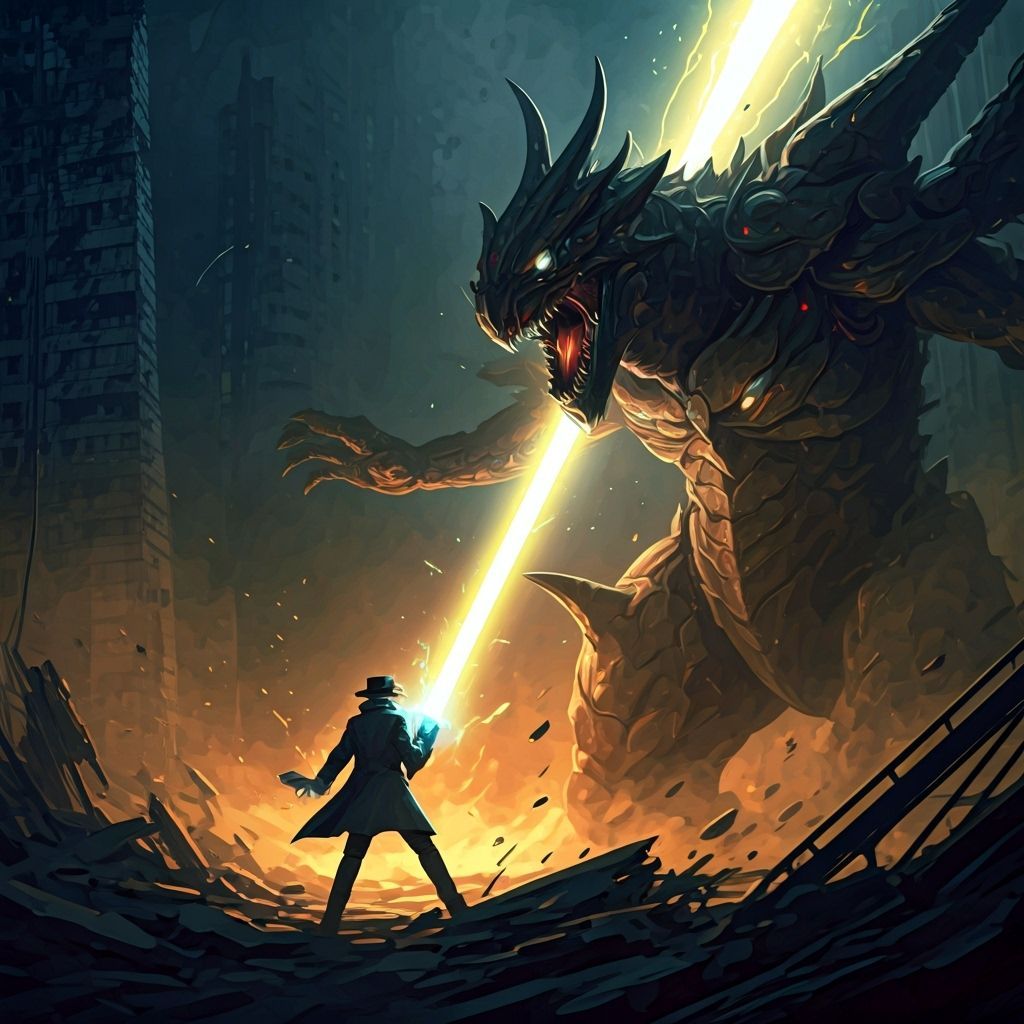Detective Battles Kaiju with Energy Sword in Anime Style