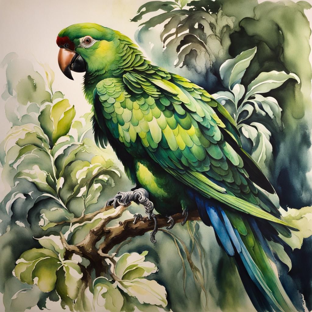 Green Parrot in Ink and Wash Style
