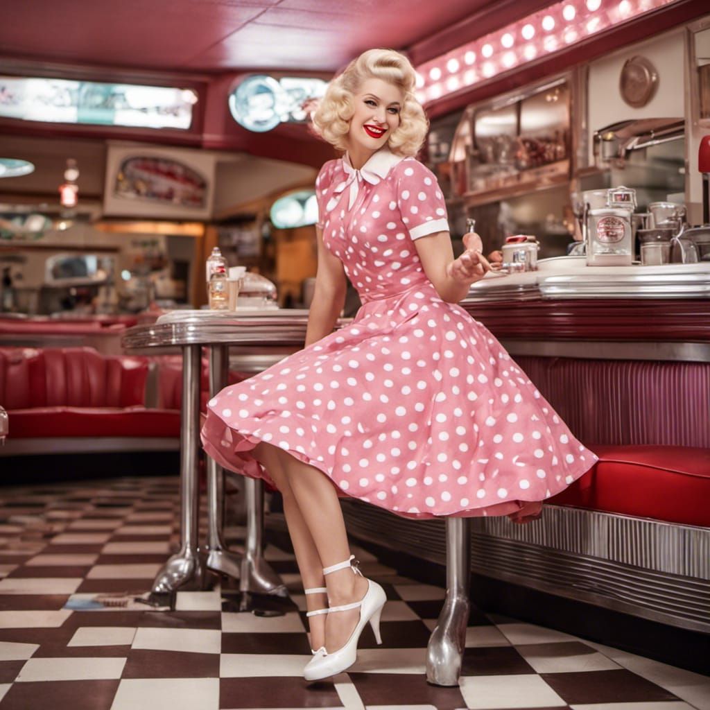 1950s Diner Scene with Woman in Pink Polka Dot Dress