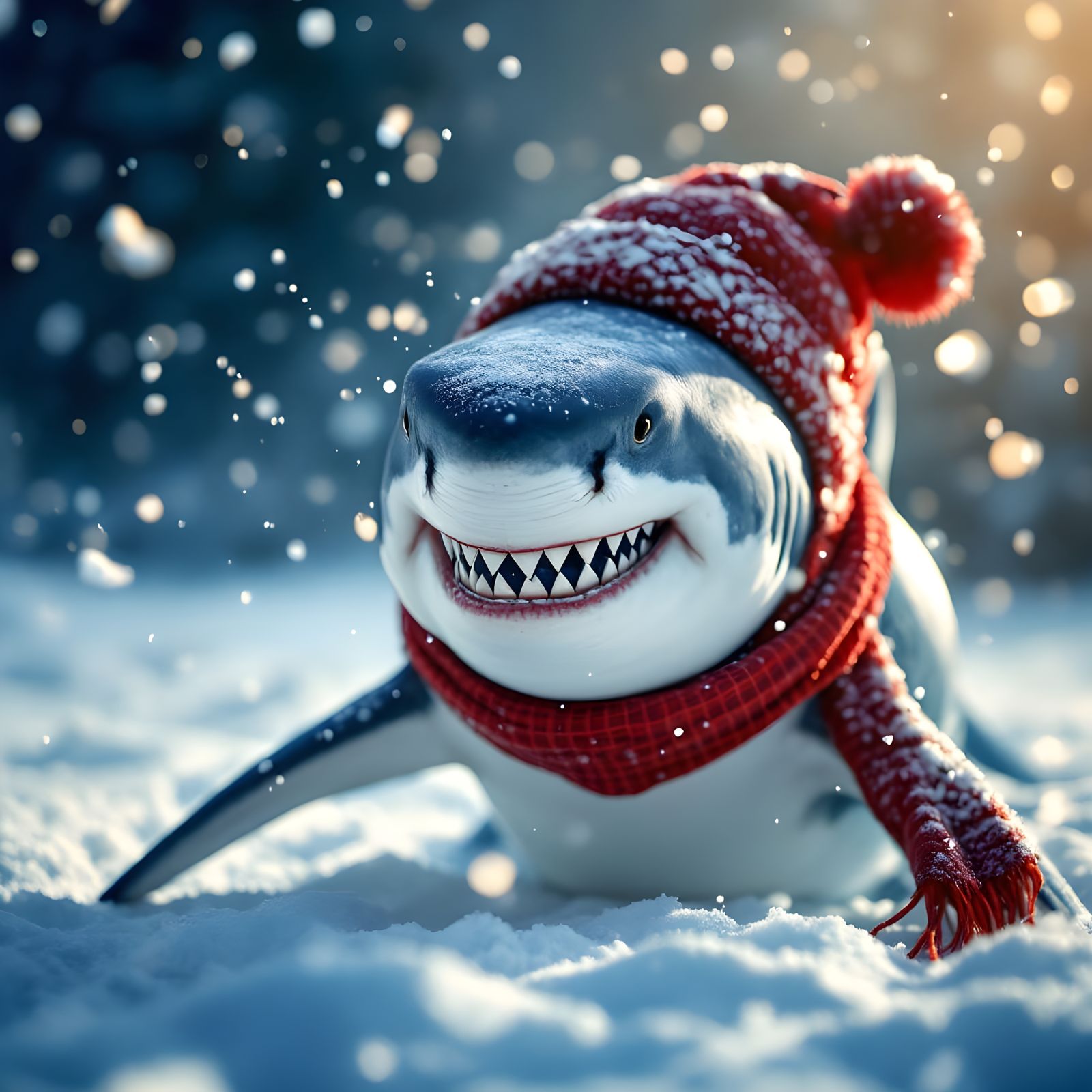 Serenely Standing Great White Shark in Winter Wonderland