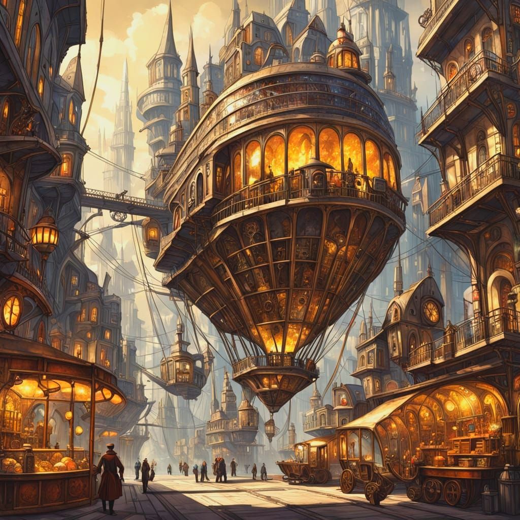 A colossal steampunk city, gears grind and steam vents hiss.