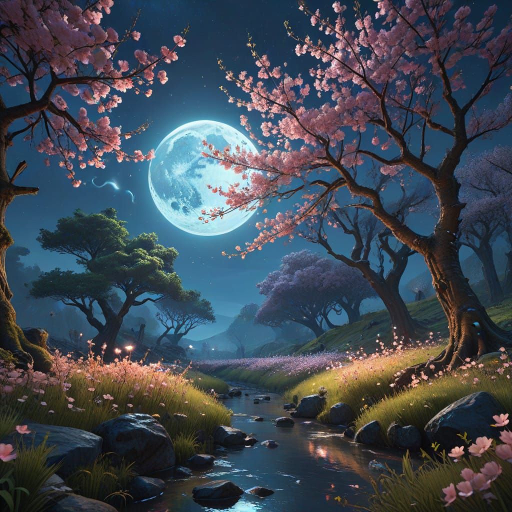 Enchanted Cherry Blossom Dreamscape in Soft, Ethereal Moonli...
