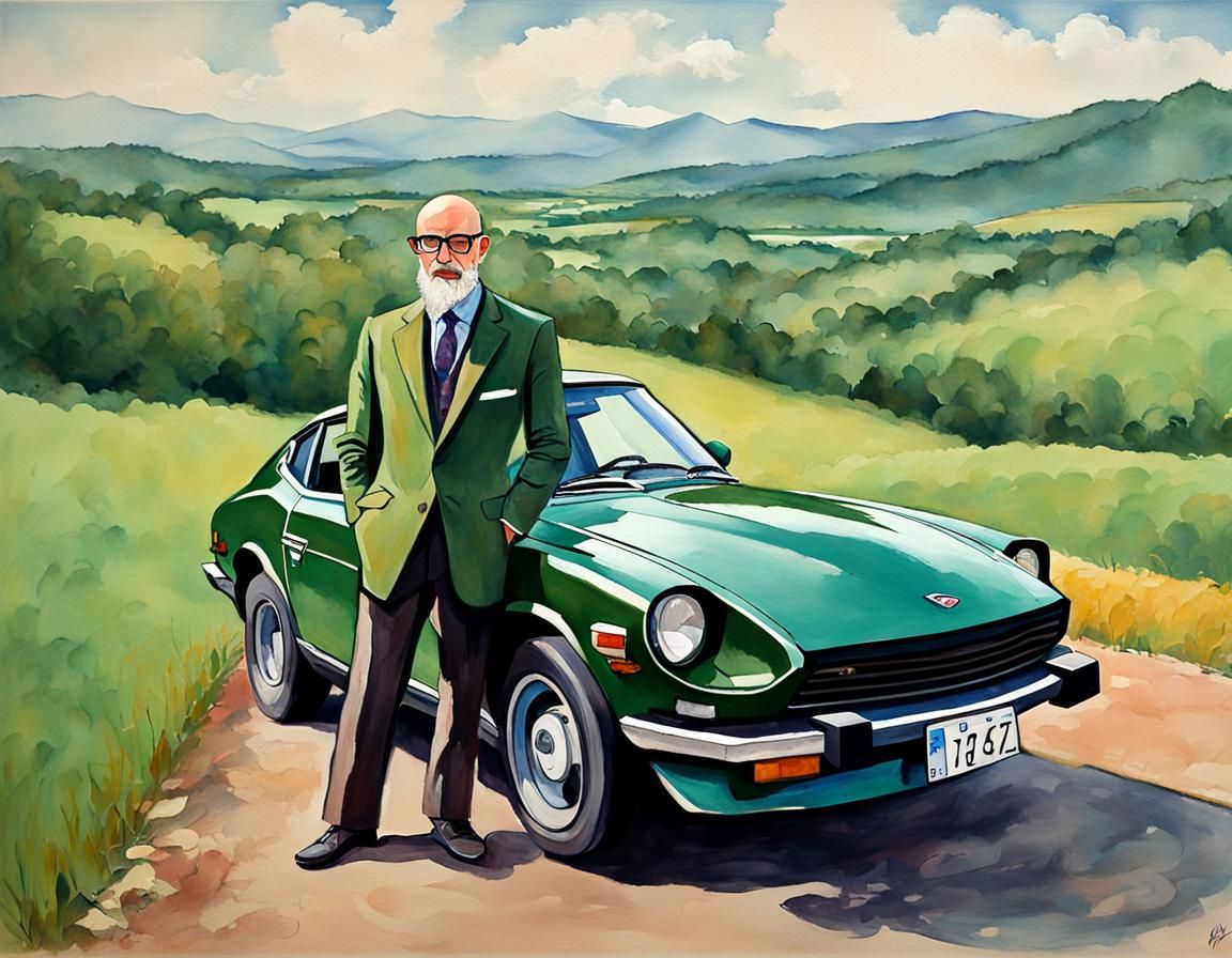Man and Datsun 280z in Gouache Style