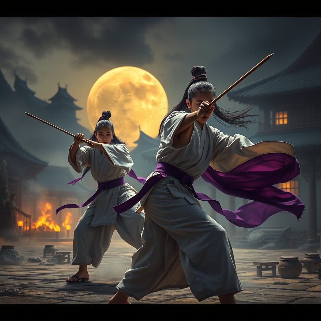 Karate Women Defending Village in Dark Fantasy Style