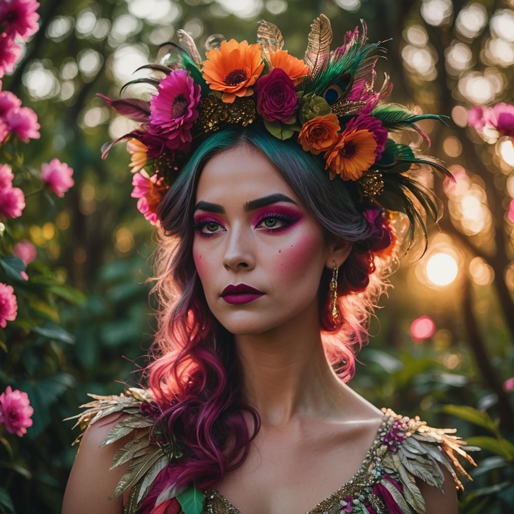 Peacock Haired Woman with Pink Skin in Film Still