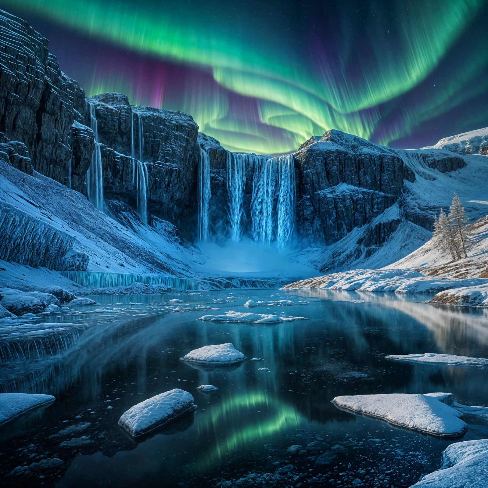 Arctic Waterfall Reflecting Northern Lights