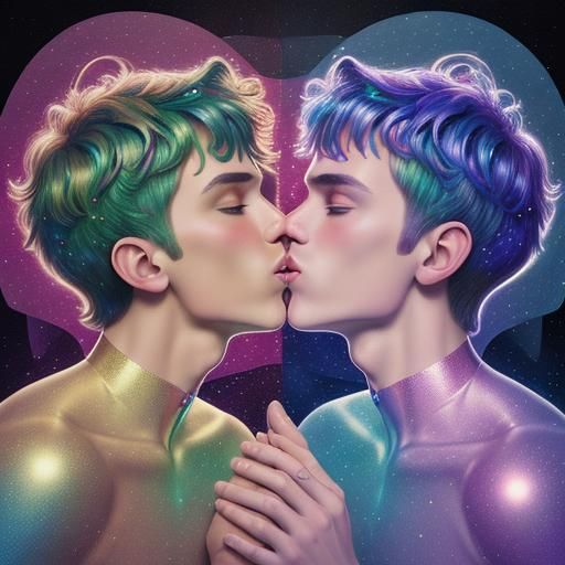 Gay Couple Kiss Under Mistletoe in Astral Style
