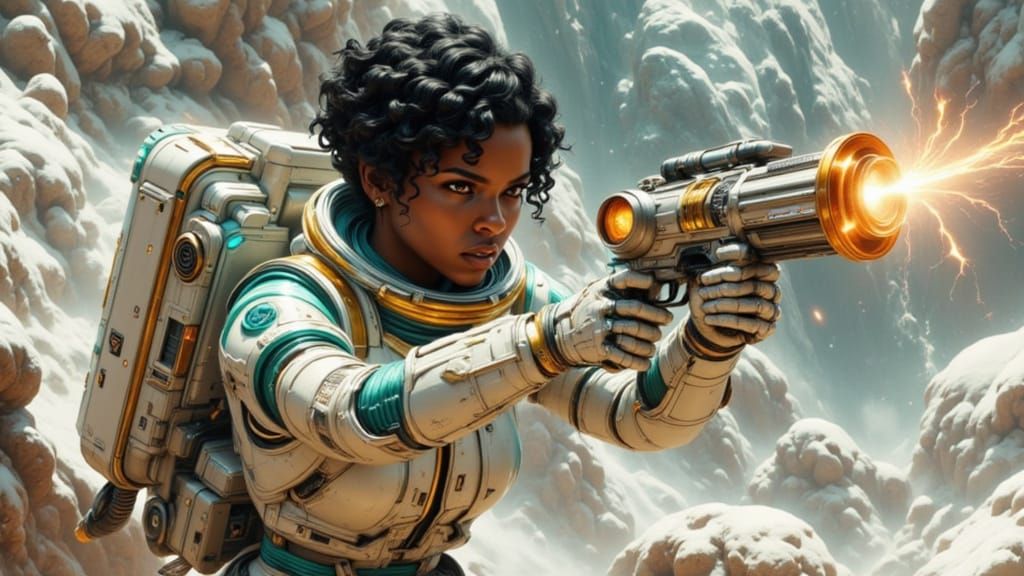 Black Woman in Spacesuit on Asteroid Mountain