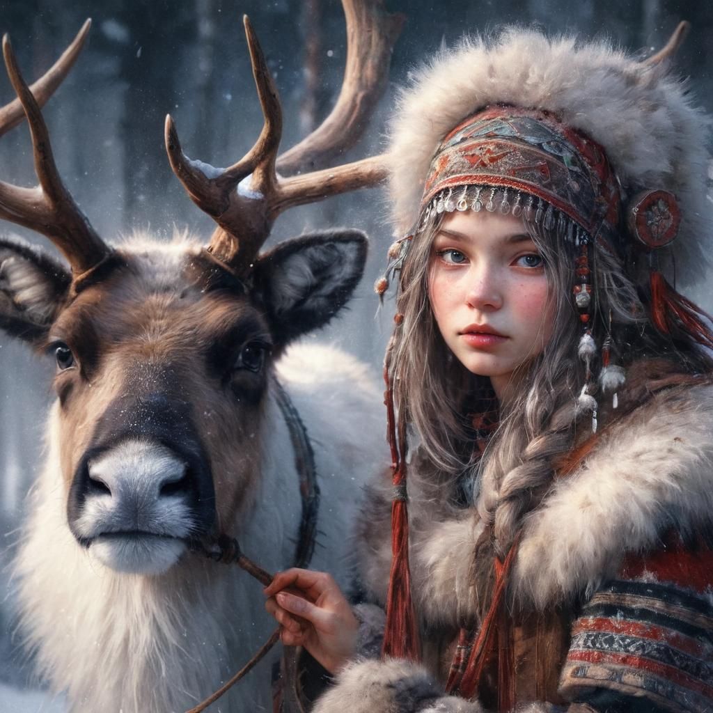 Sami Girl in Traditional Attire with Reindeer