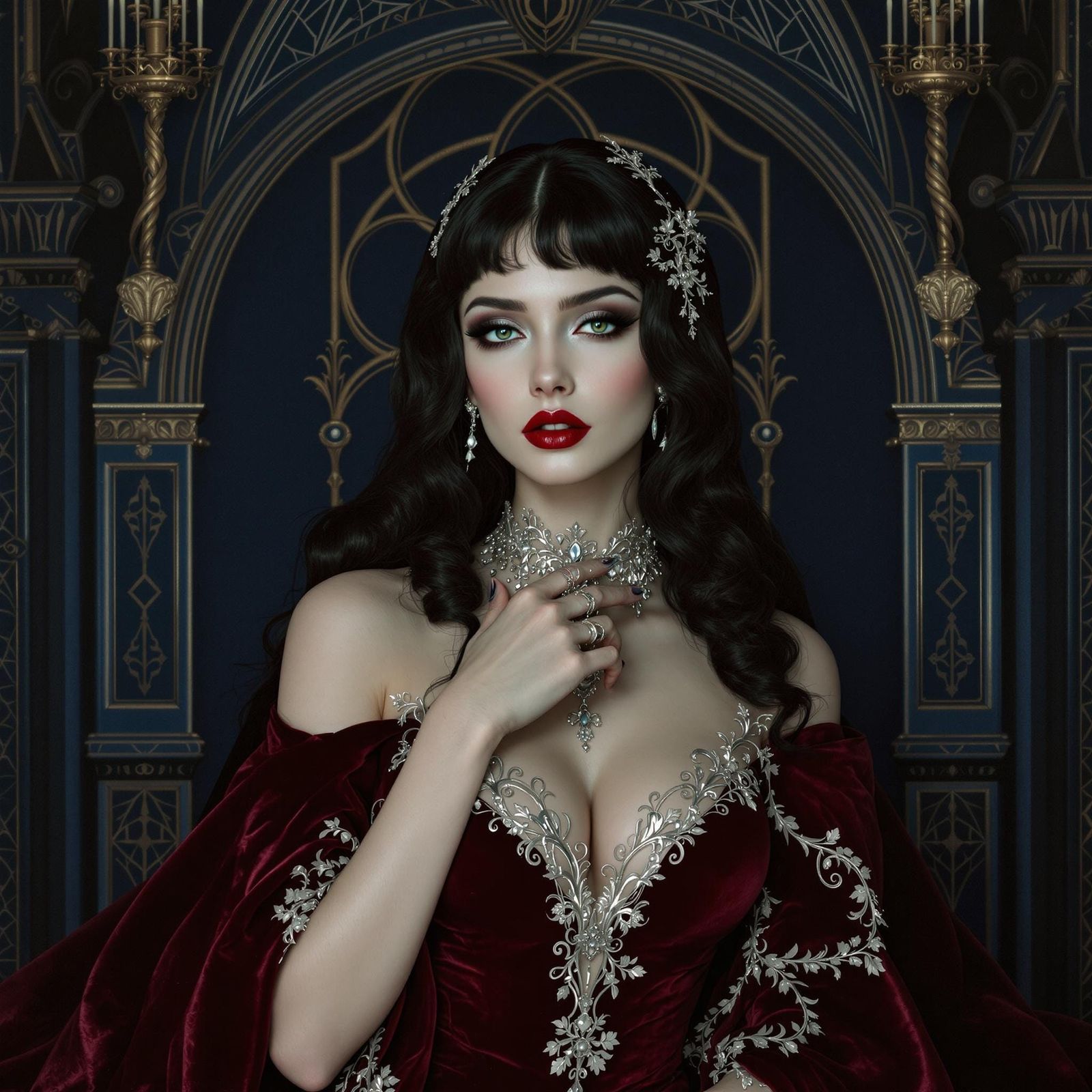 Elegant Lady in Midnight Velvet and Lace