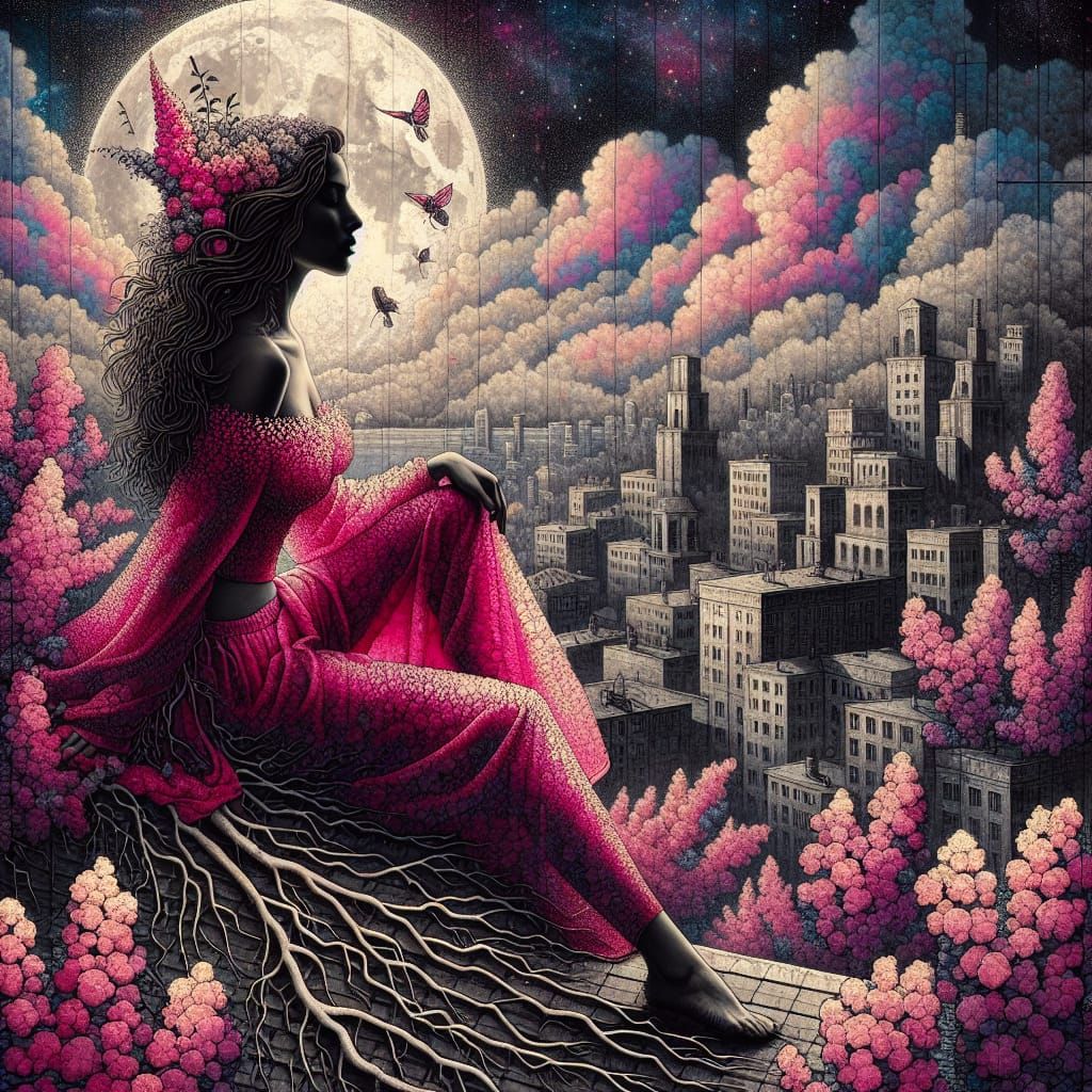 Hispanic Lady on Rooftop in Trompe L'oeil Style