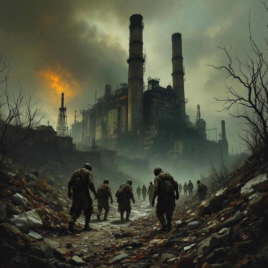 Dystopian Refugees Scavenge Near Giant Factory