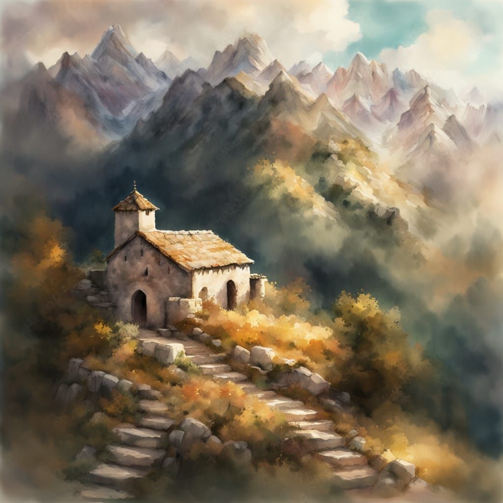 Watercolor Ruin in Mountain Landscape