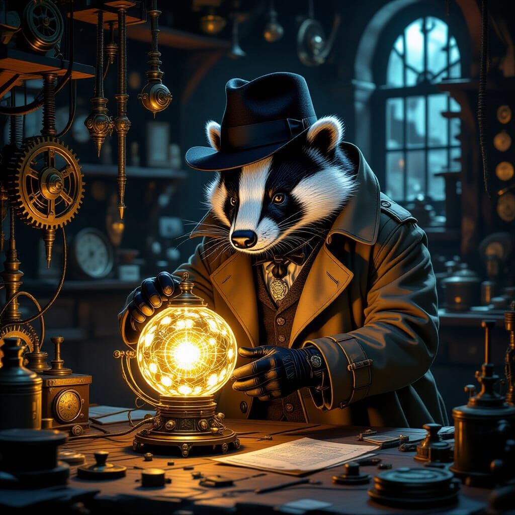 Badger Detective Inspects Glowing Artifact in Steampunk Work...