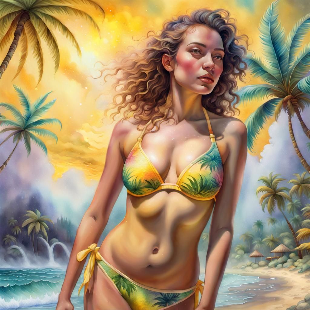 Watercolor Portrait of Woman on Tropical Island