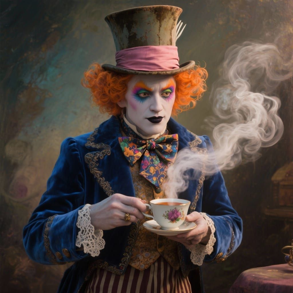 Mad Hatter-Inspired Character Sipping Tea in Theatrical Port...