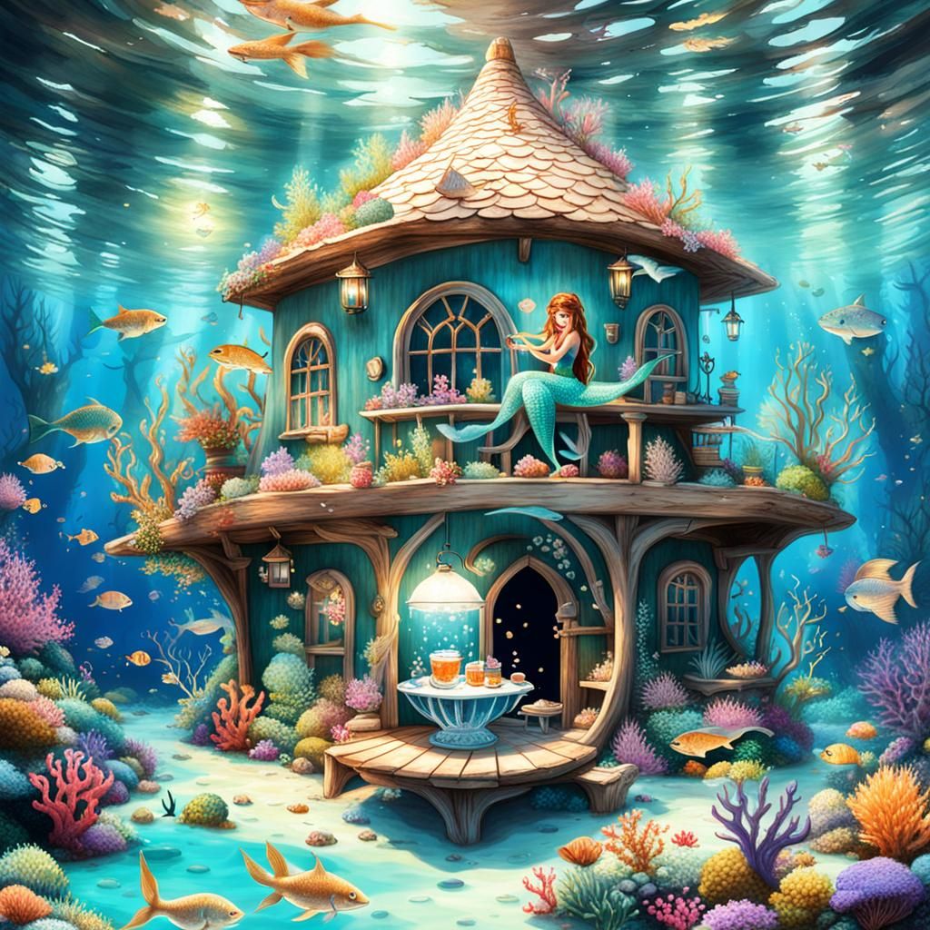 Mermaid's Tea Party in Her Underwater Home