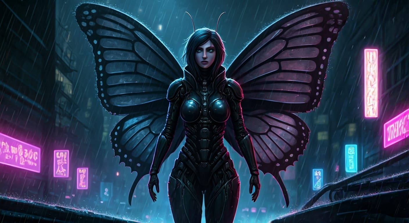 Butterfly Anthro in Cyberpunk Ruins with Neon Lights