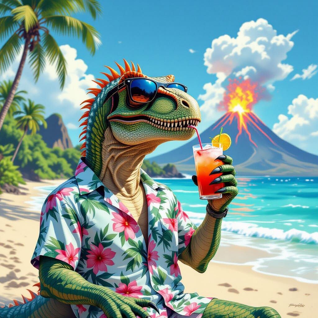 Velociraptor on Vacation: A Humorous Hyperrealistic Scene
