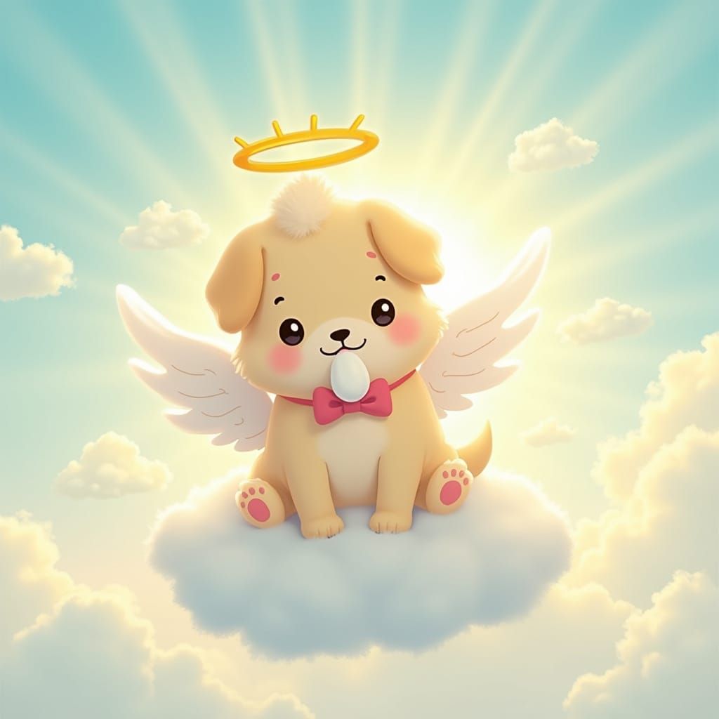 Angel Dog Majestically Sits on a Kawaii Cloud in Whimsical P...