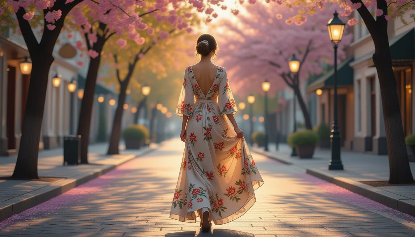 Elegant Woman in Spring Dusk Street, Oil Painting Style