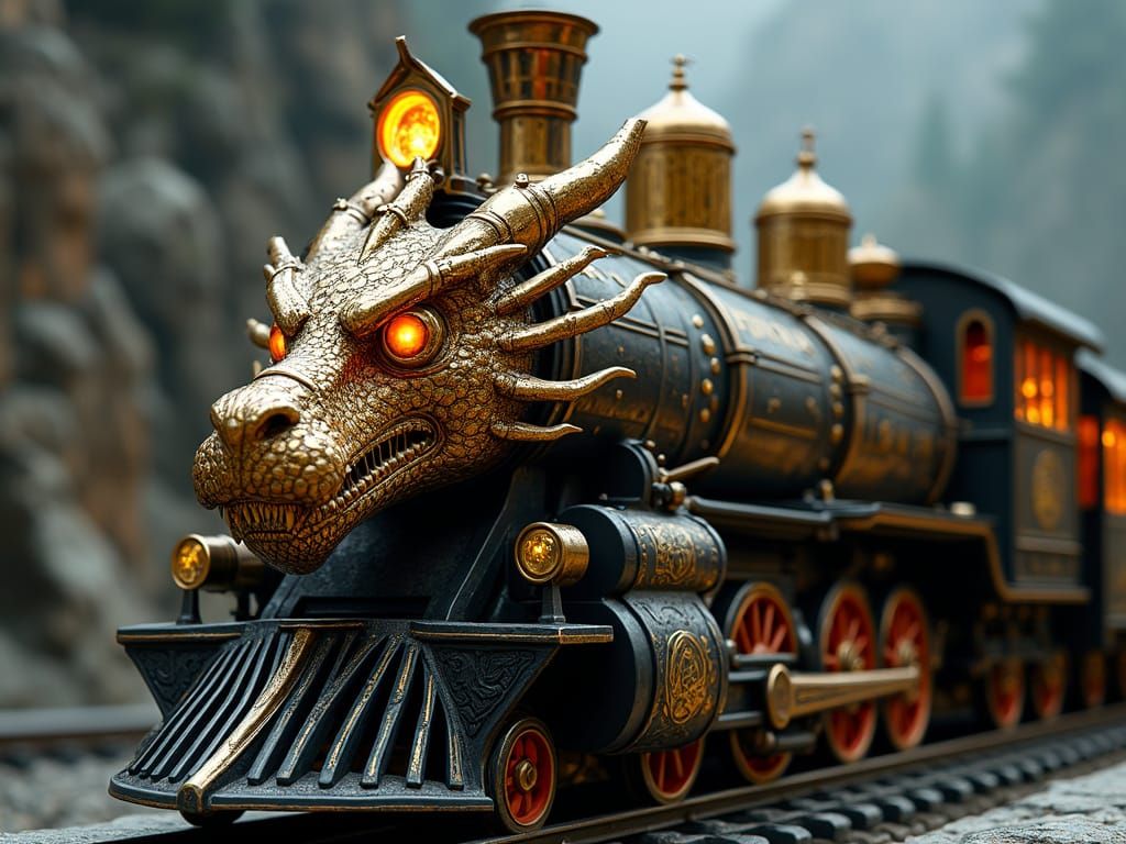 Steampunk Dragon Train Engine with Brass Engravings